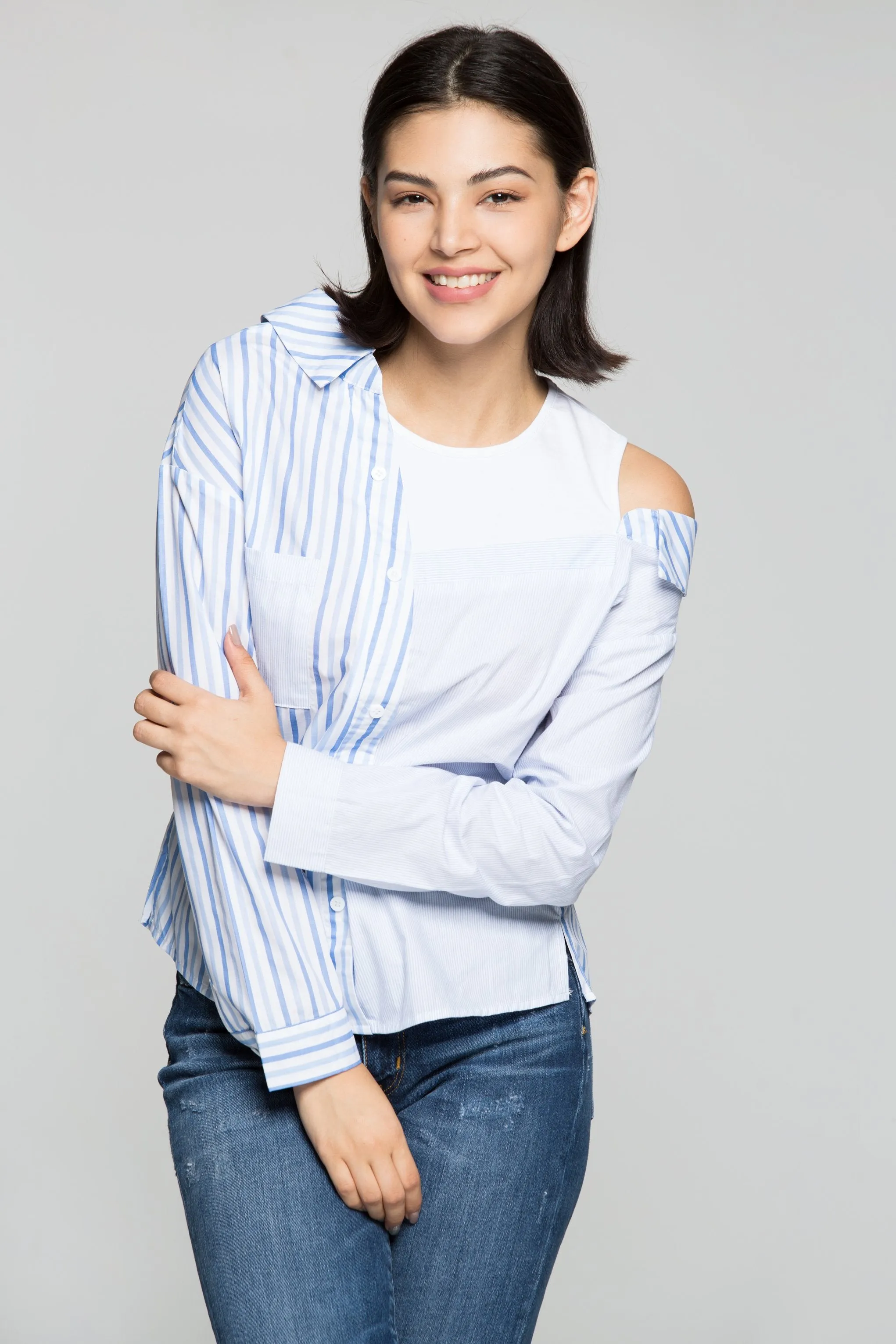 Blue and White Asymmetrical Stripes Shirt