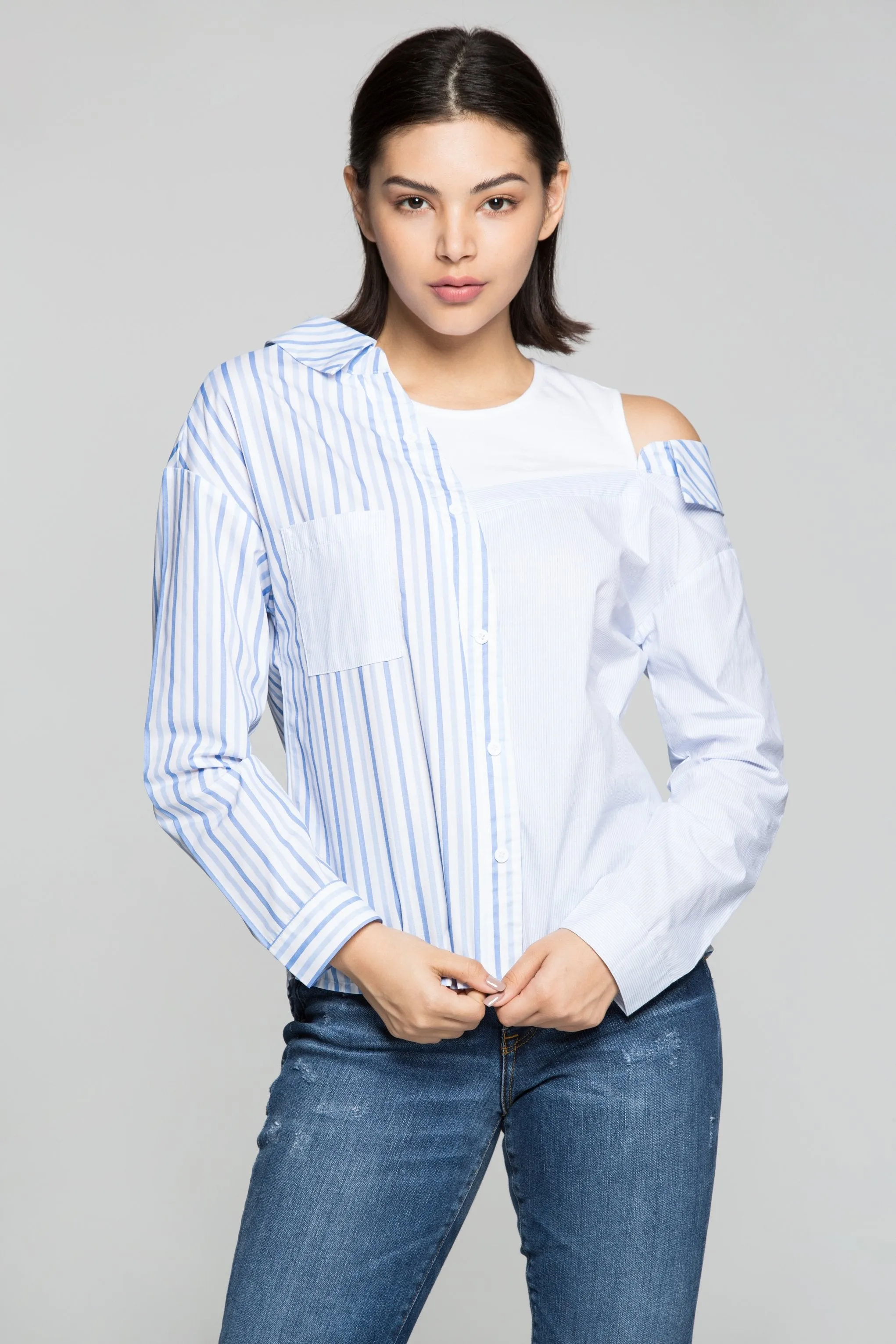 Blue and White Asymmetrical Stripes Shirt