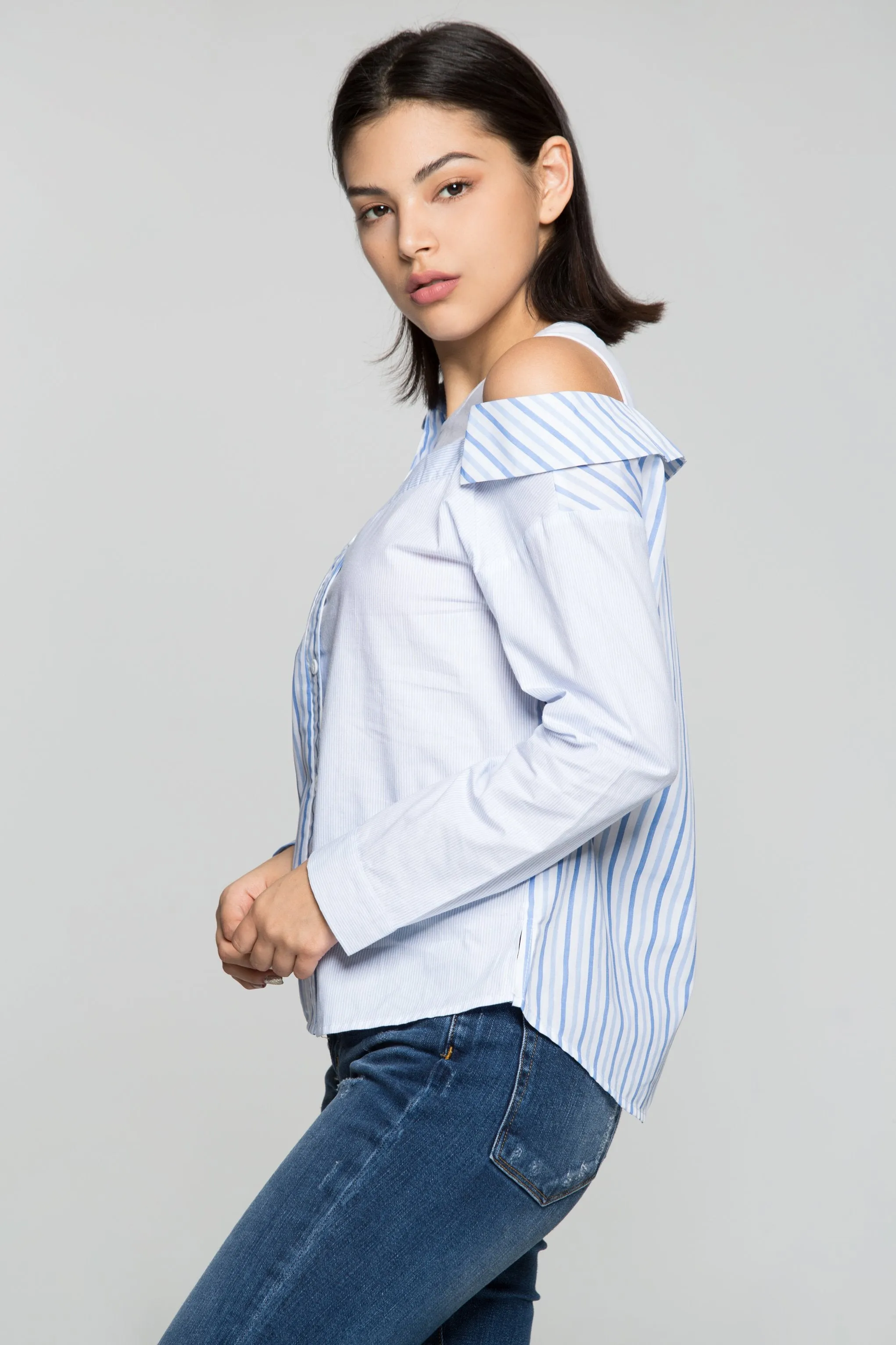 Blue and White Asymmetrical Stripes Shirt
