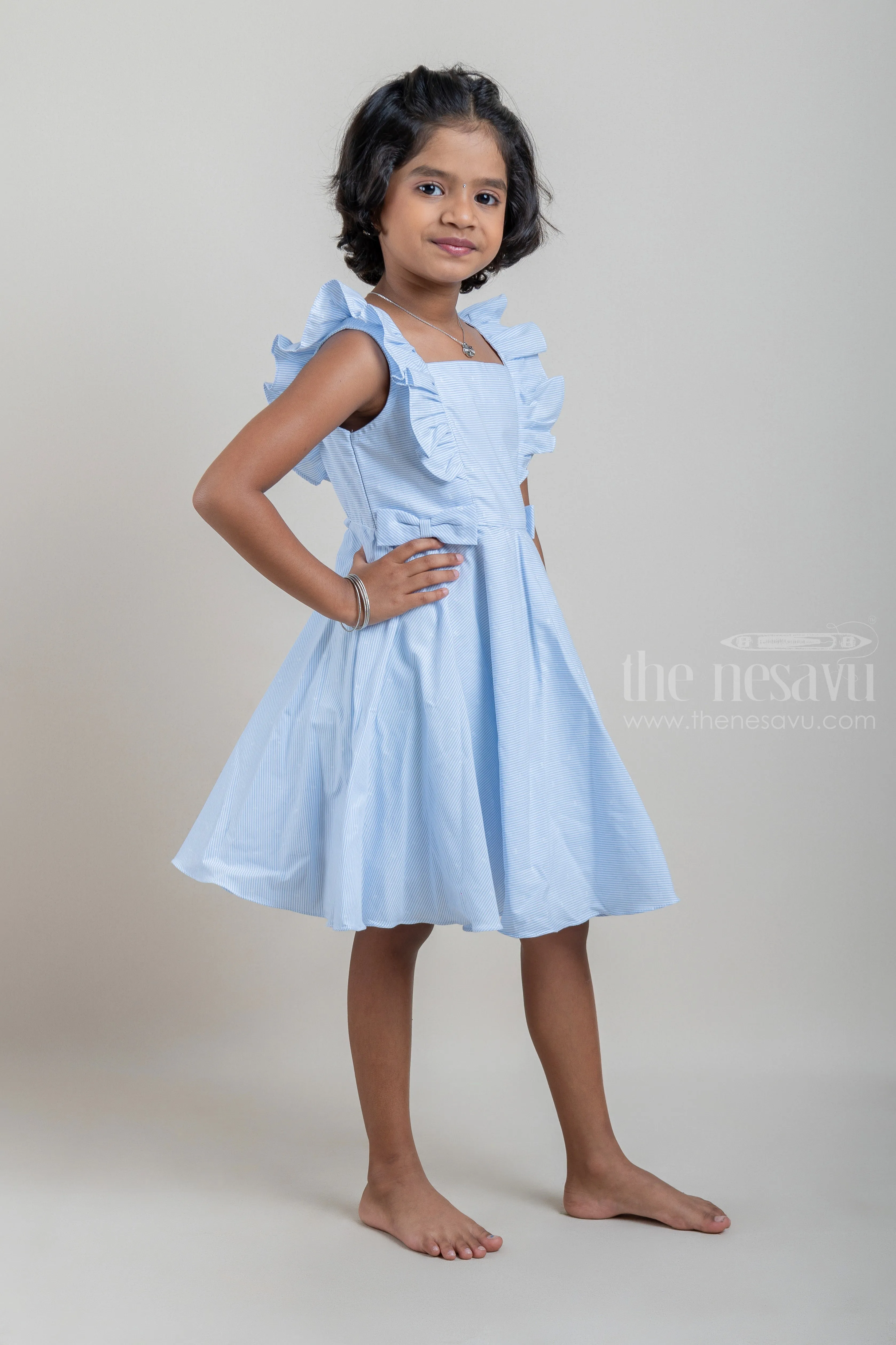 Casual Cotton Frock with Blue Pin Striped Design and Ruffled Yoke For Girls