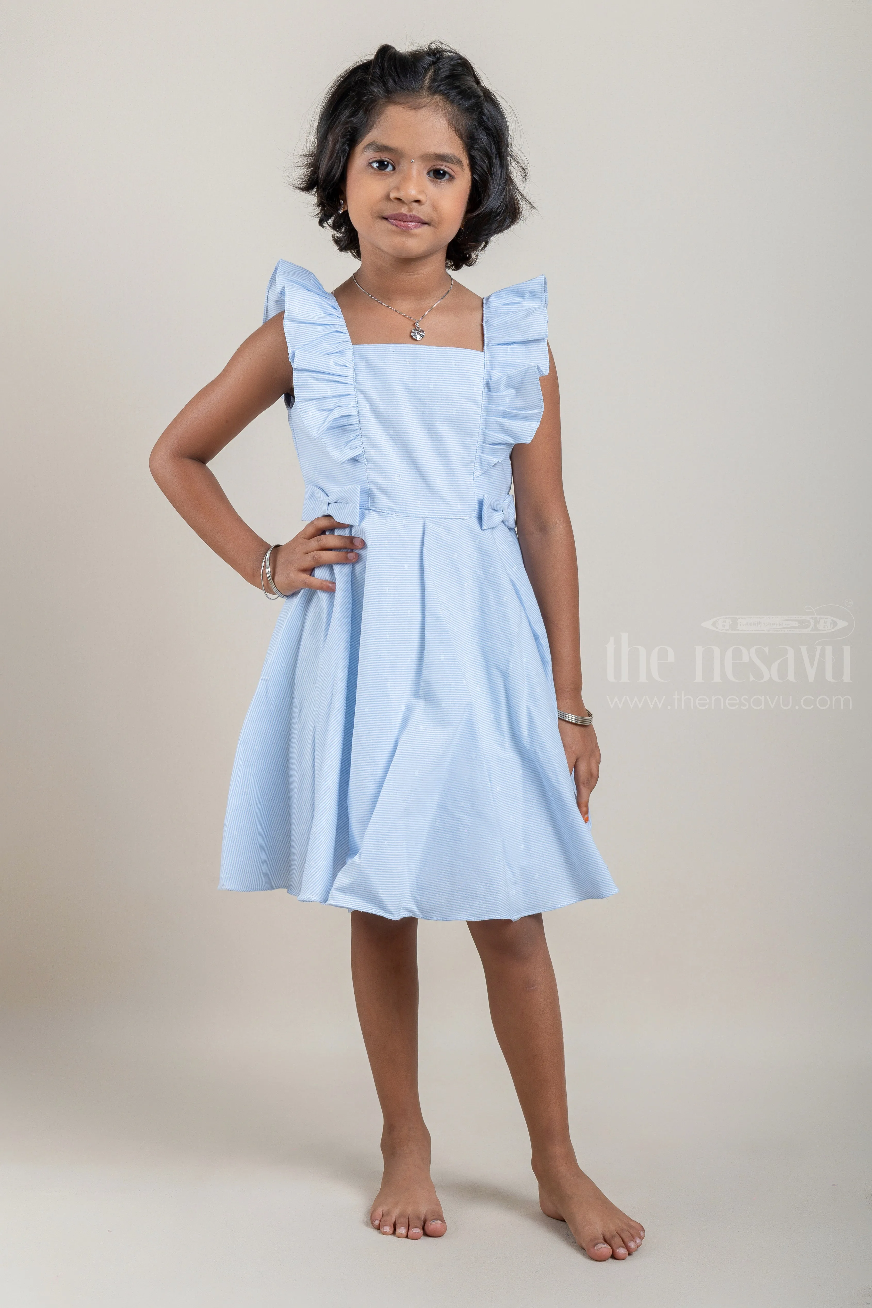 Casual Cotton Frock with Blue Pin Striped Design and Ruffled Yoke For Girls