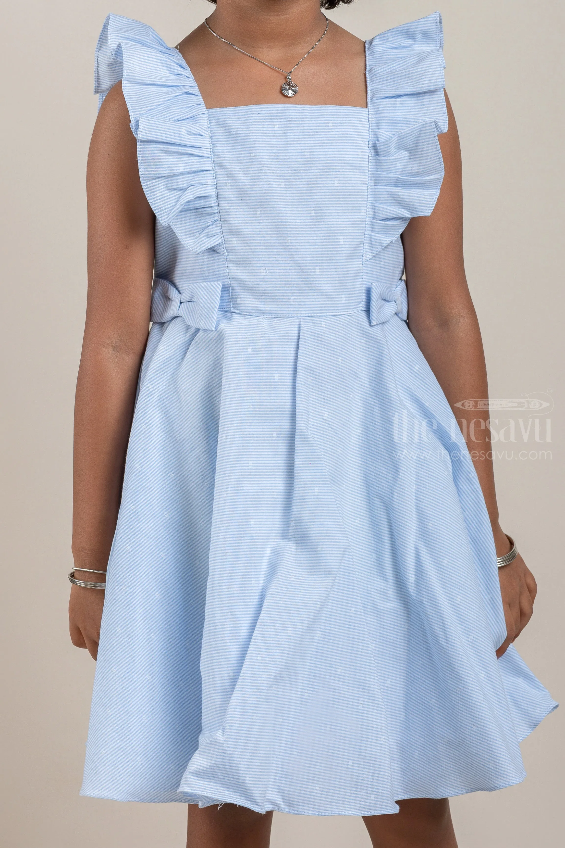 Casual Cotton Frock with Blue Pin Striped Design and Ruffled Yoke For Girls