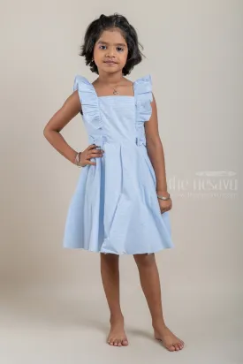 Casual Cotton Frock with Blue Pin Striped Design and Ruffled Yoke For Girls