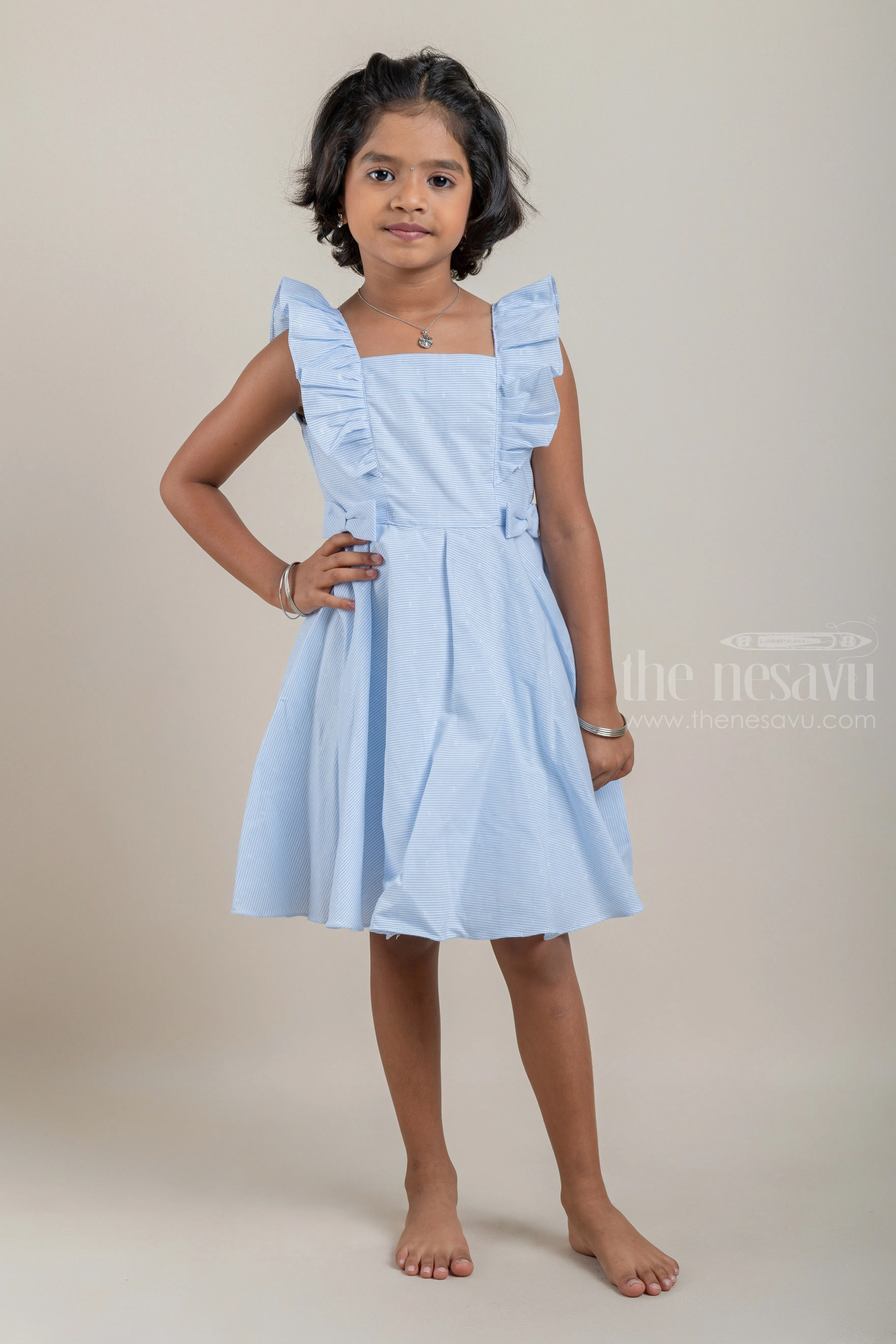 Casual Cotton Frock with Blue Pin Striped Design and Ruffled Yoke For Girls