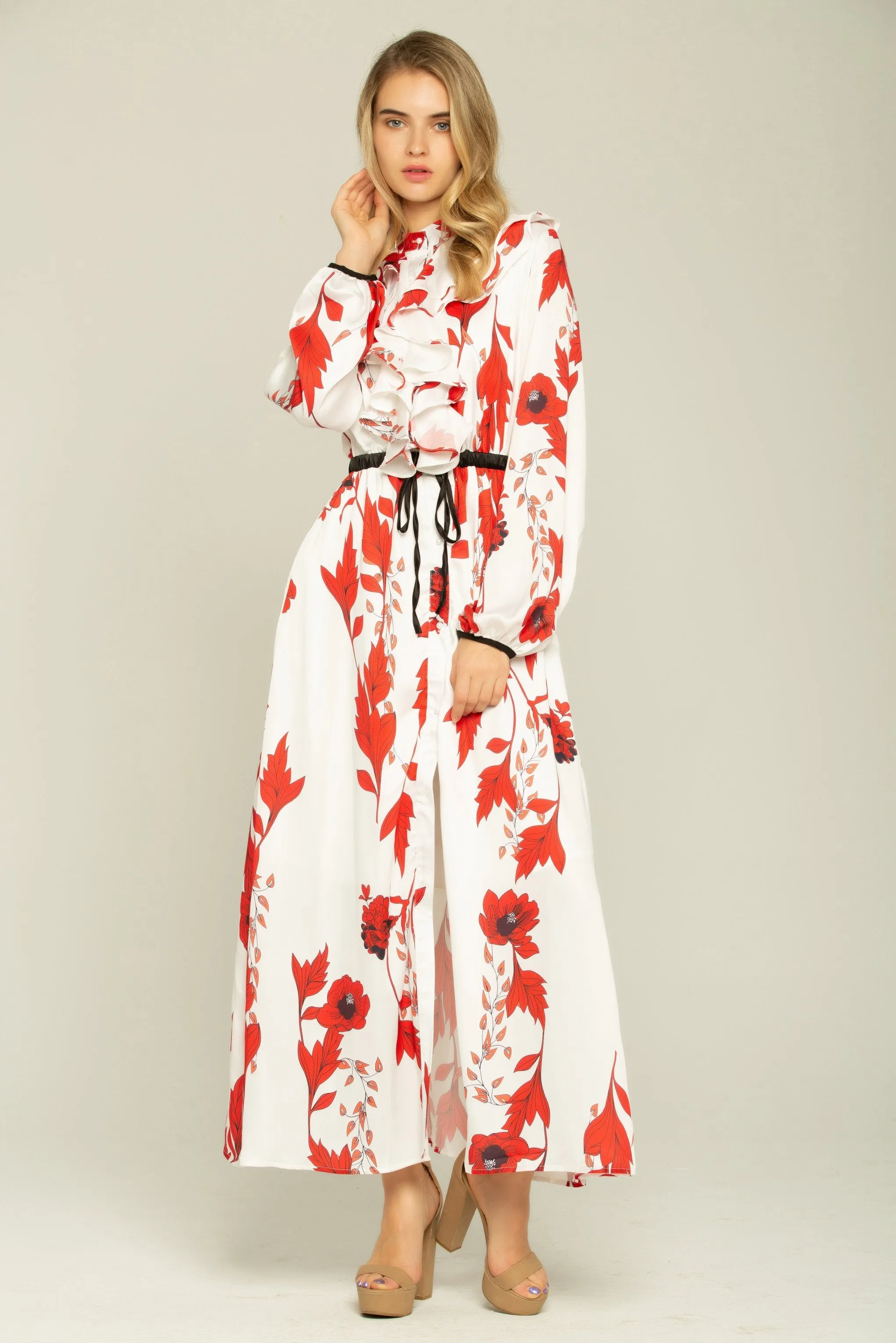 Cherry Red and Cream Ruffle Front Collar Kimono Dress