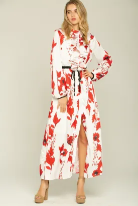 Cherry Red and Cream Ruffle Front Collar Kimono Dress