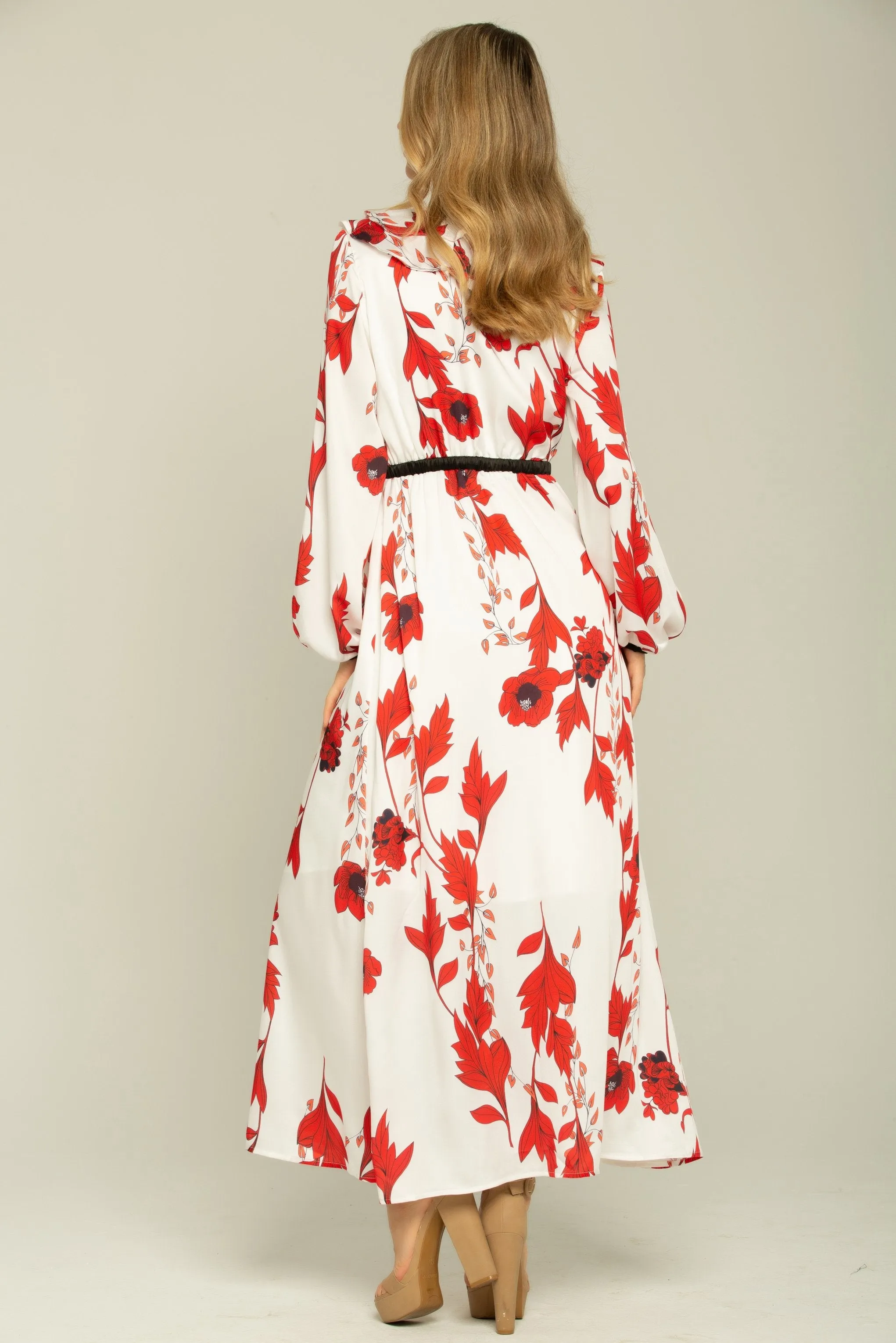 Cherry Red and Cream Ruffle Front Collar Kimono Dress