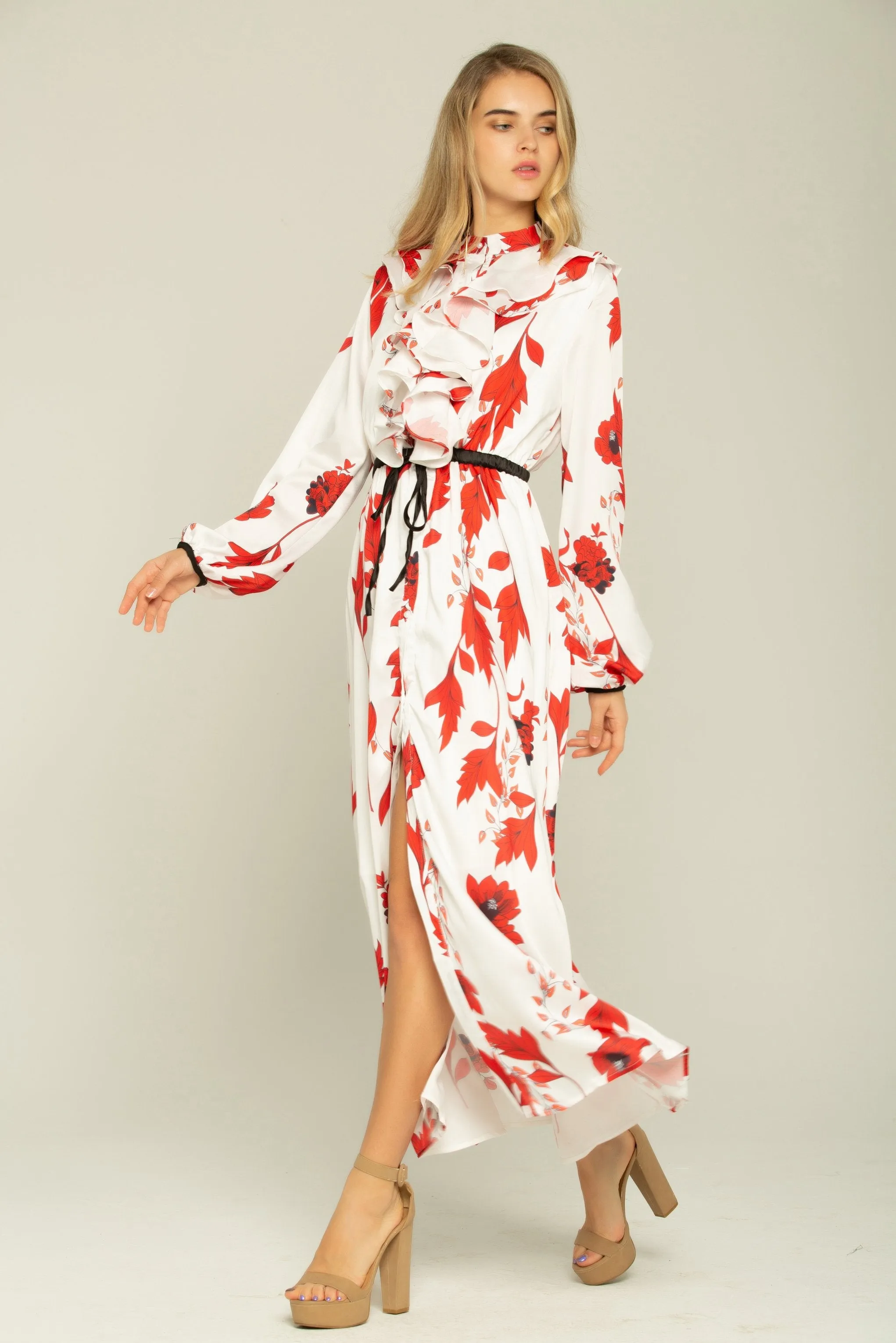 Cherry Red and Cream Ruffle Front Collar Kimono Dress