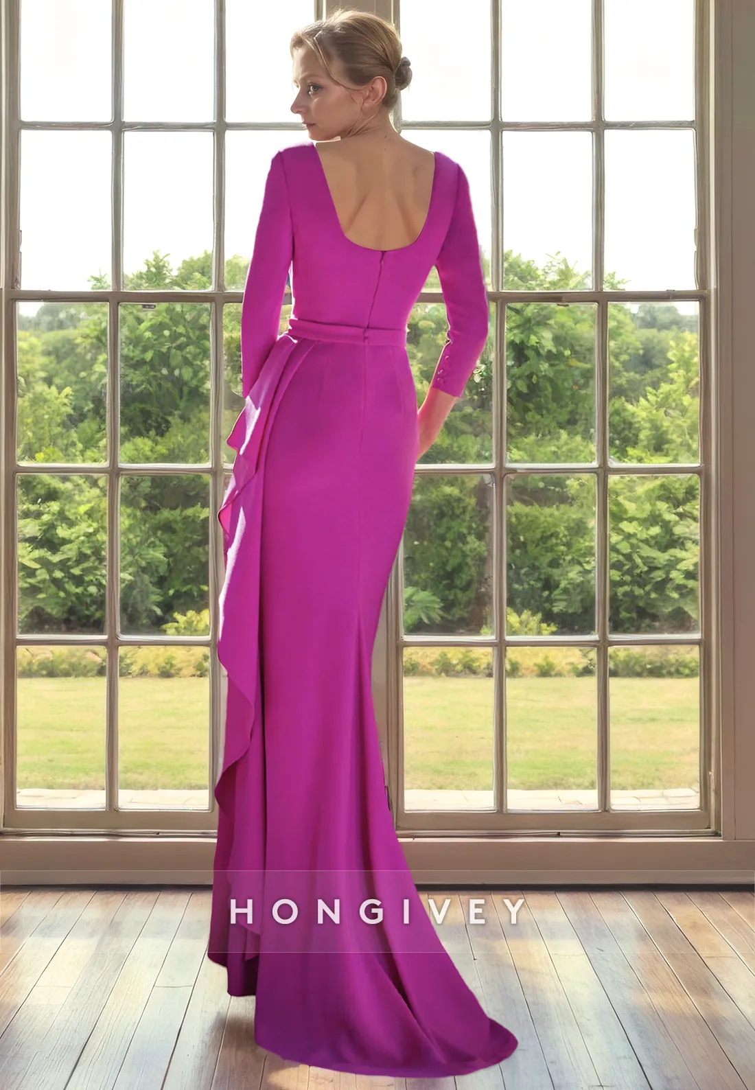 Chic Satin Fitted V-Neck 3/4 Sleeves With Slit Mother of the Bride Dress