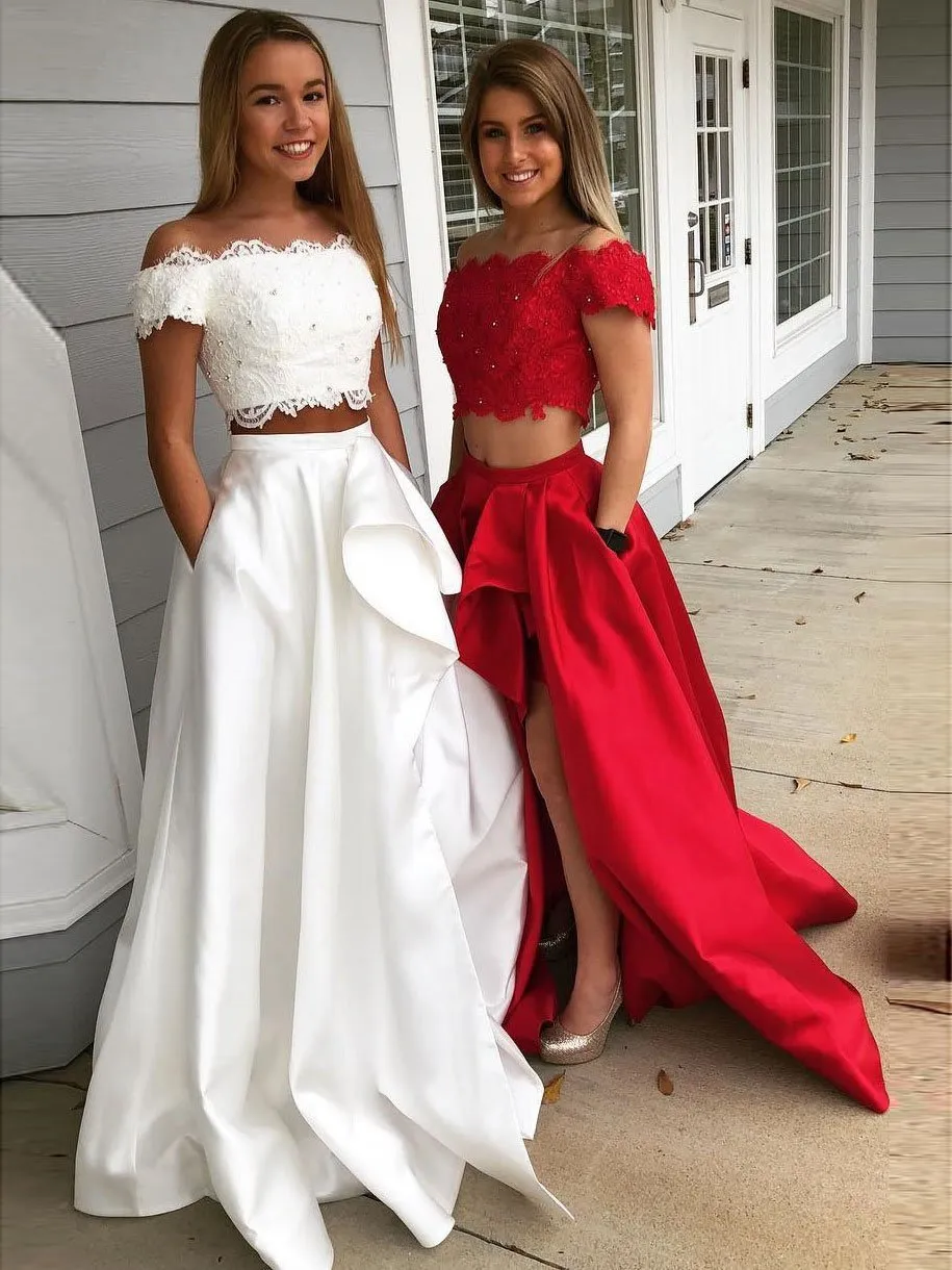 Chic Satin Off-the-shoulder Neckline Floor-length Two-piece A-line Prom Dresses With Beaded Appliques PD006