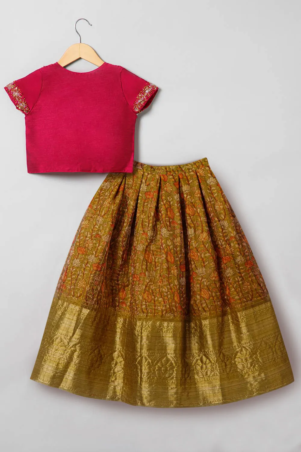 Chittythalli Traditional Pavadai Set V Neck short sleeve top with Box pleated Skirt - Pink & Green - PS38