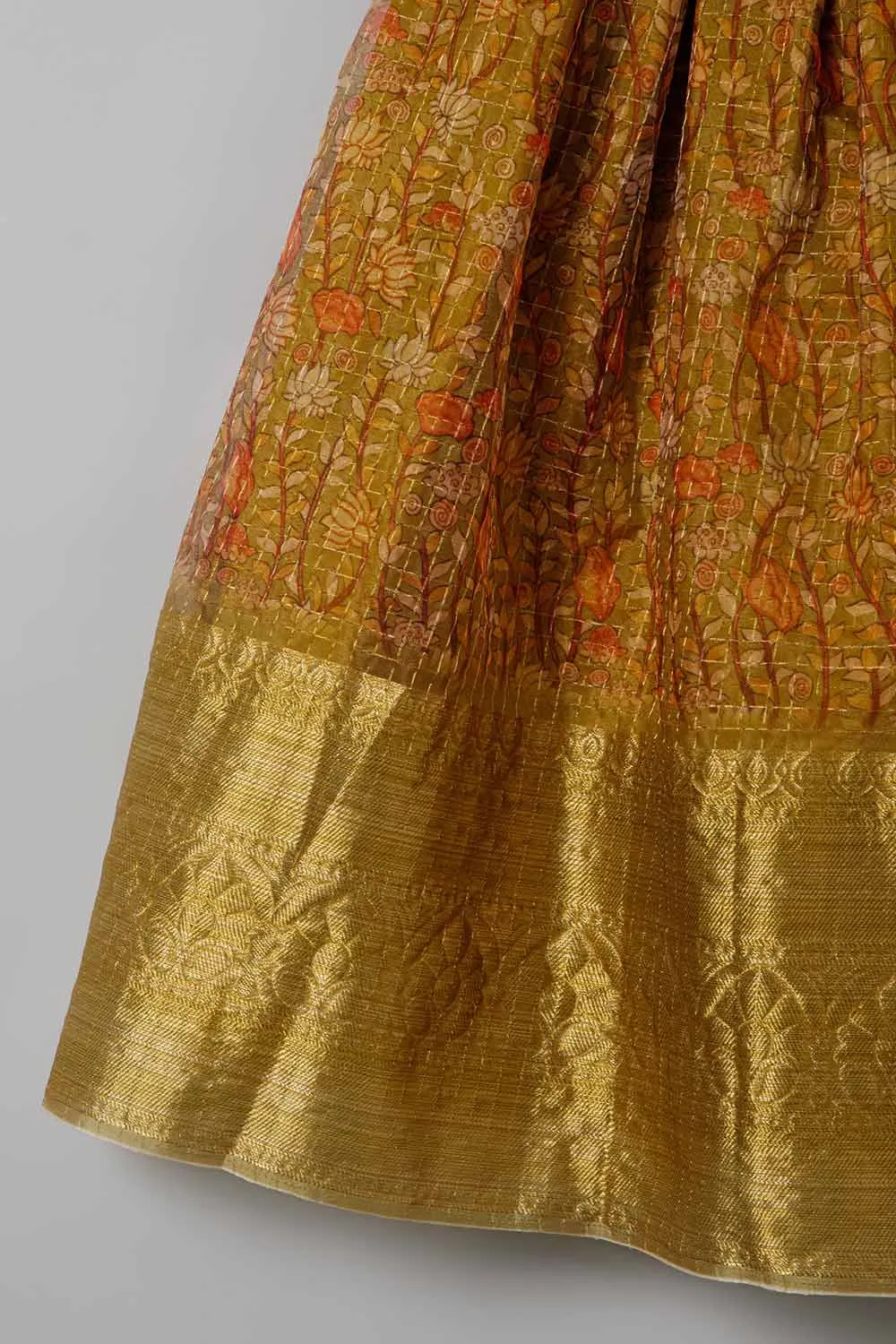 Chittythalli Traditional Pavadai Set V Neck short sleeve top with Box pleated Skirt - Pink & Green - PS38