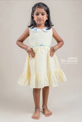 Cute Peter Pan Collared Chekered Pattern Yellow Girls Frock With Floral Embroidered