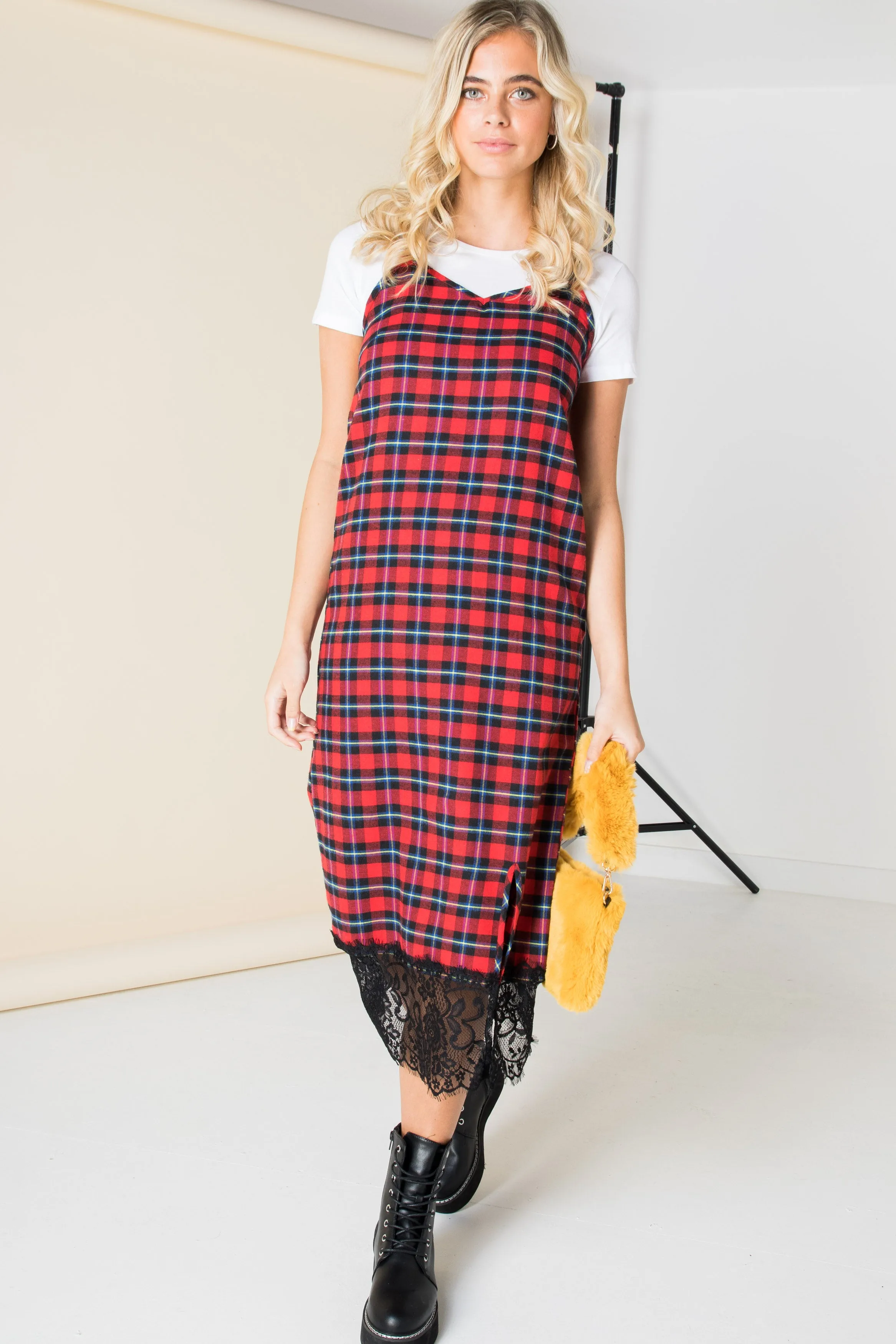 Daisy Street Midi Slip Dress with Lace Trim in Tartan