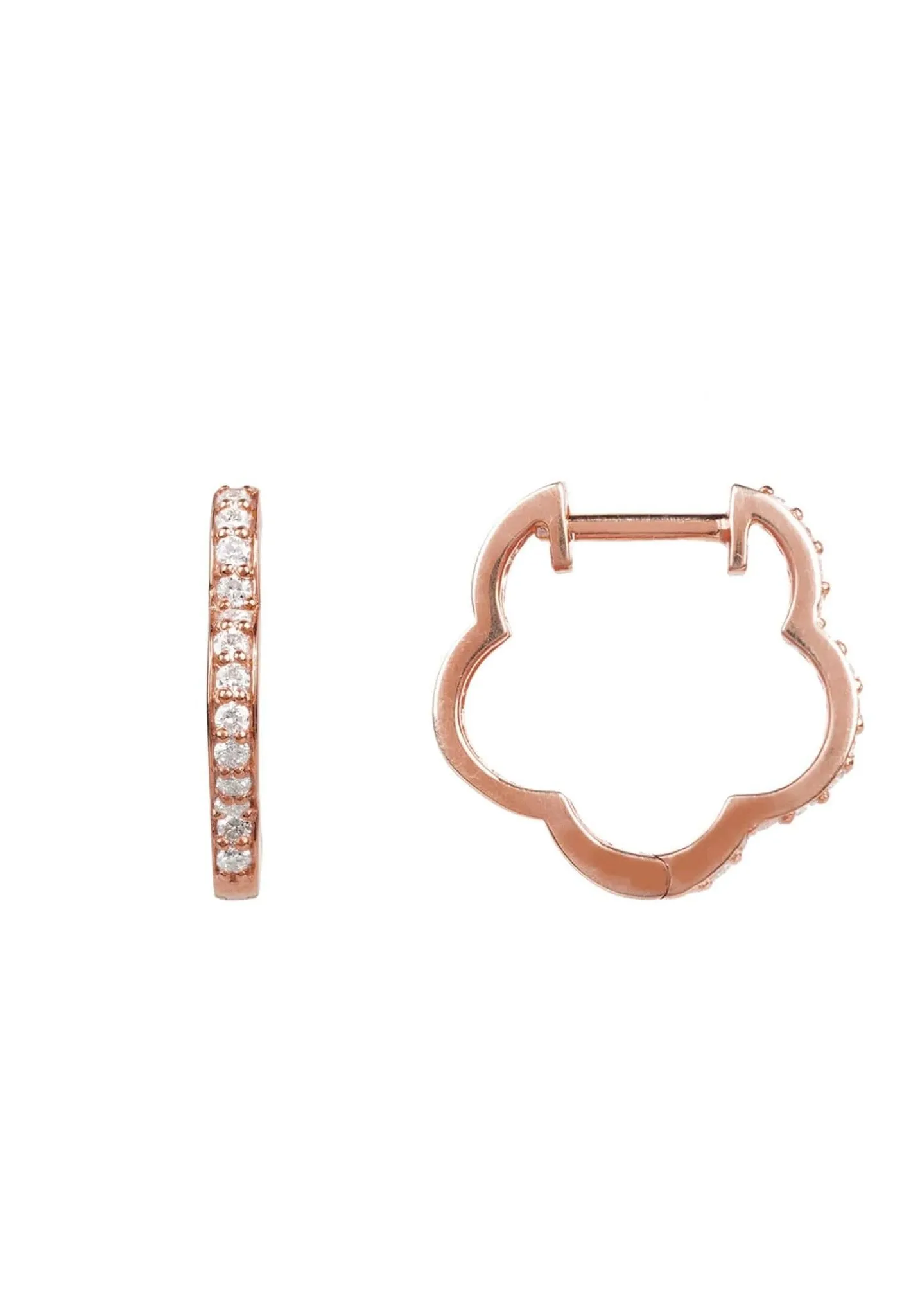 Diamond Flower Clover Huggie Hoop Earrings Rosegold