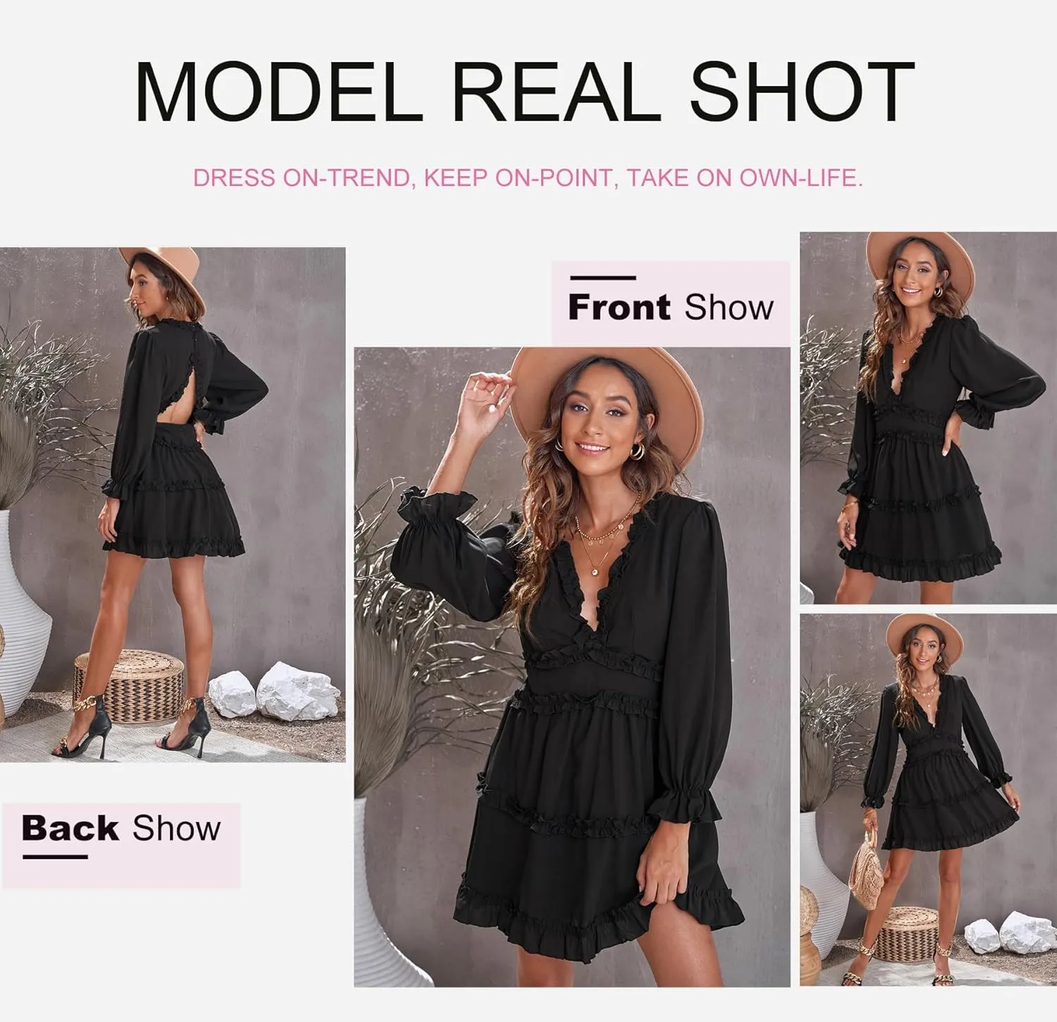 Dokotoo Womens 2025 Summer Spring Deep V Neck Ruffle Long Sleeve Open Back Flowy Mini Dress