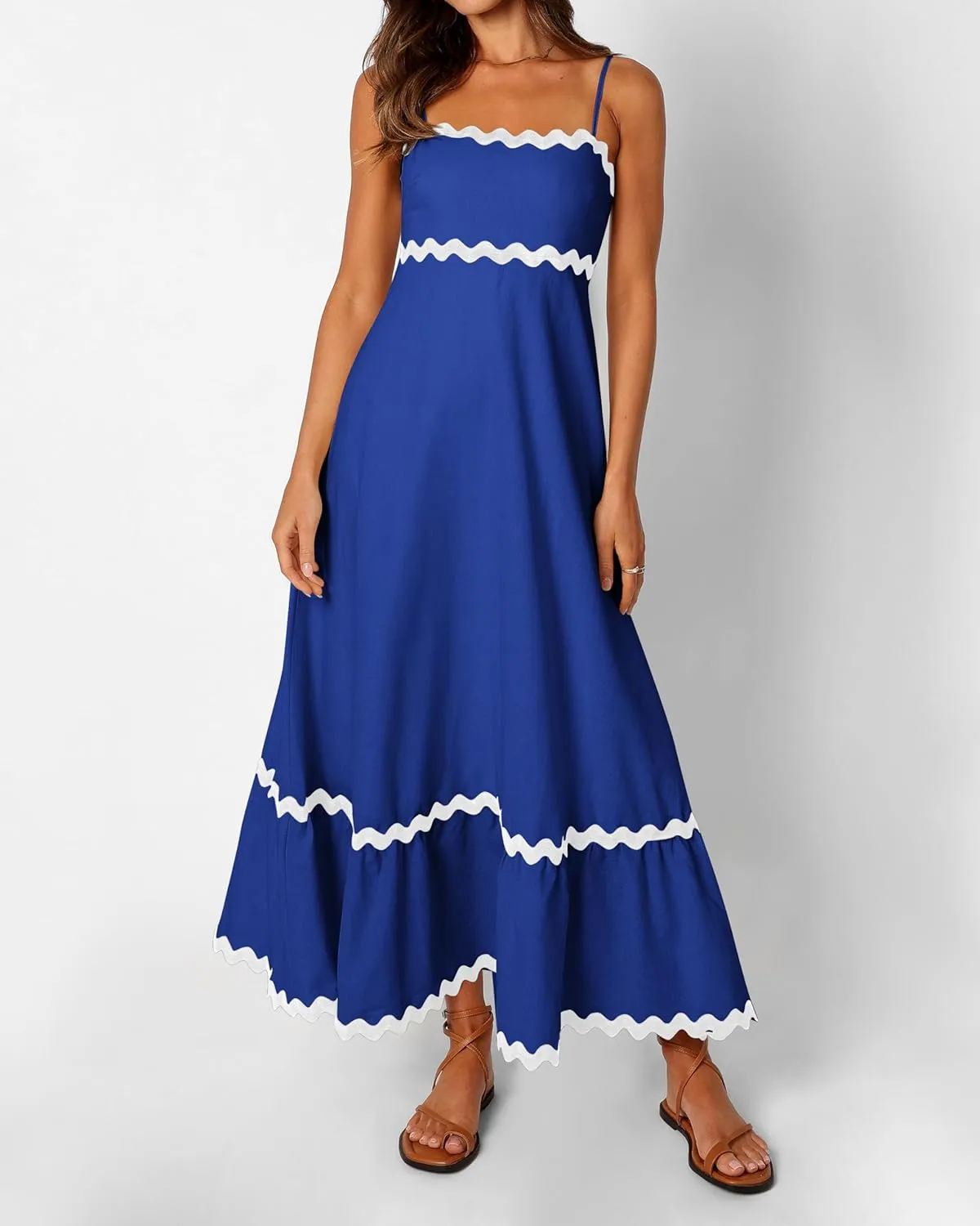 dowerme Women Summer Dresses 2025 Spaghetti Straps Sleeveless Smocked Rickrack Trim Boho Flowy Loose A-Line Midi Dress