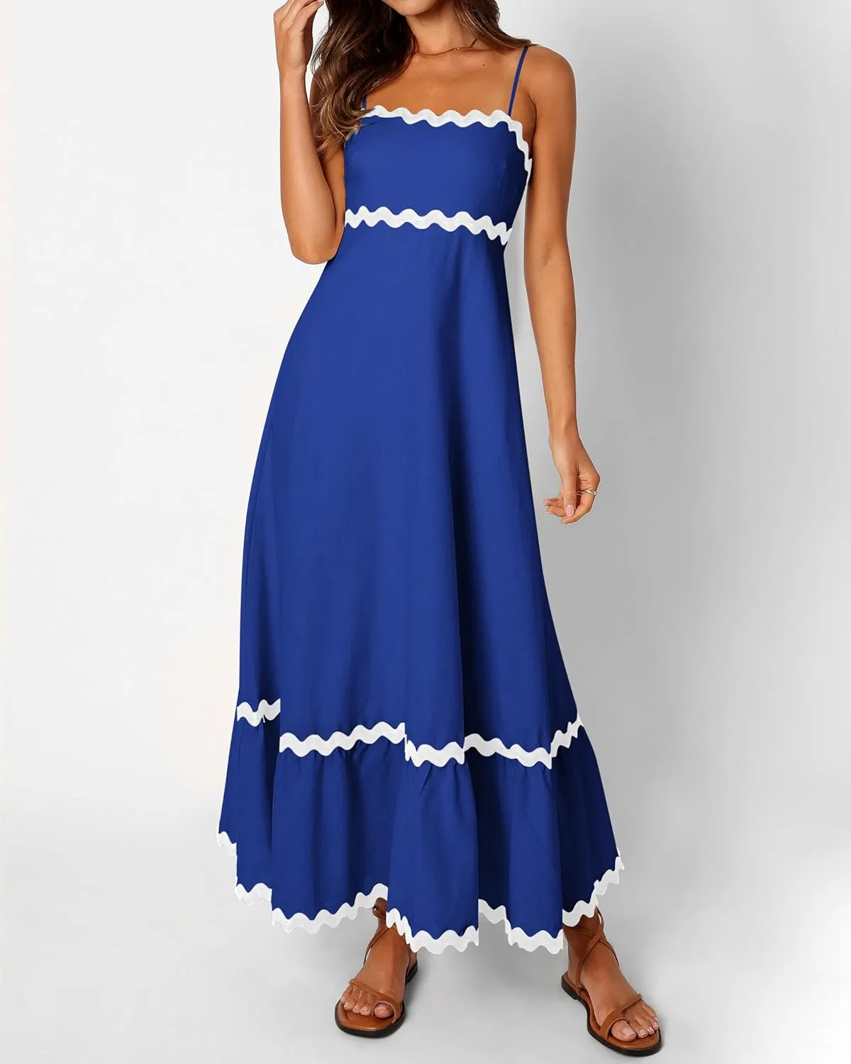 dowerme Women Summer Dresses 2025 Spaghetti Straps Sleeveless Smocked Rickrack Trim Boho Flowy Loose A-Line Midi Dress