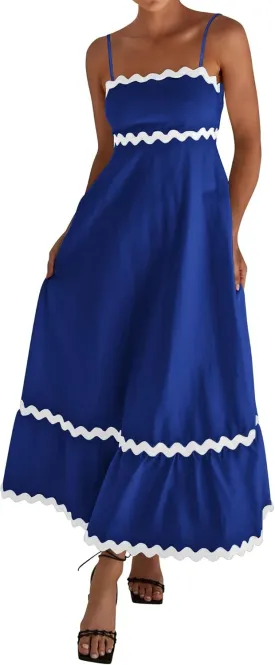 dowerme Women Summer Dresses 2025 Spaghetti Straps Sleeveless Smocked Rickrack Trim Boho Flowy Loose A-Line Midi Dress