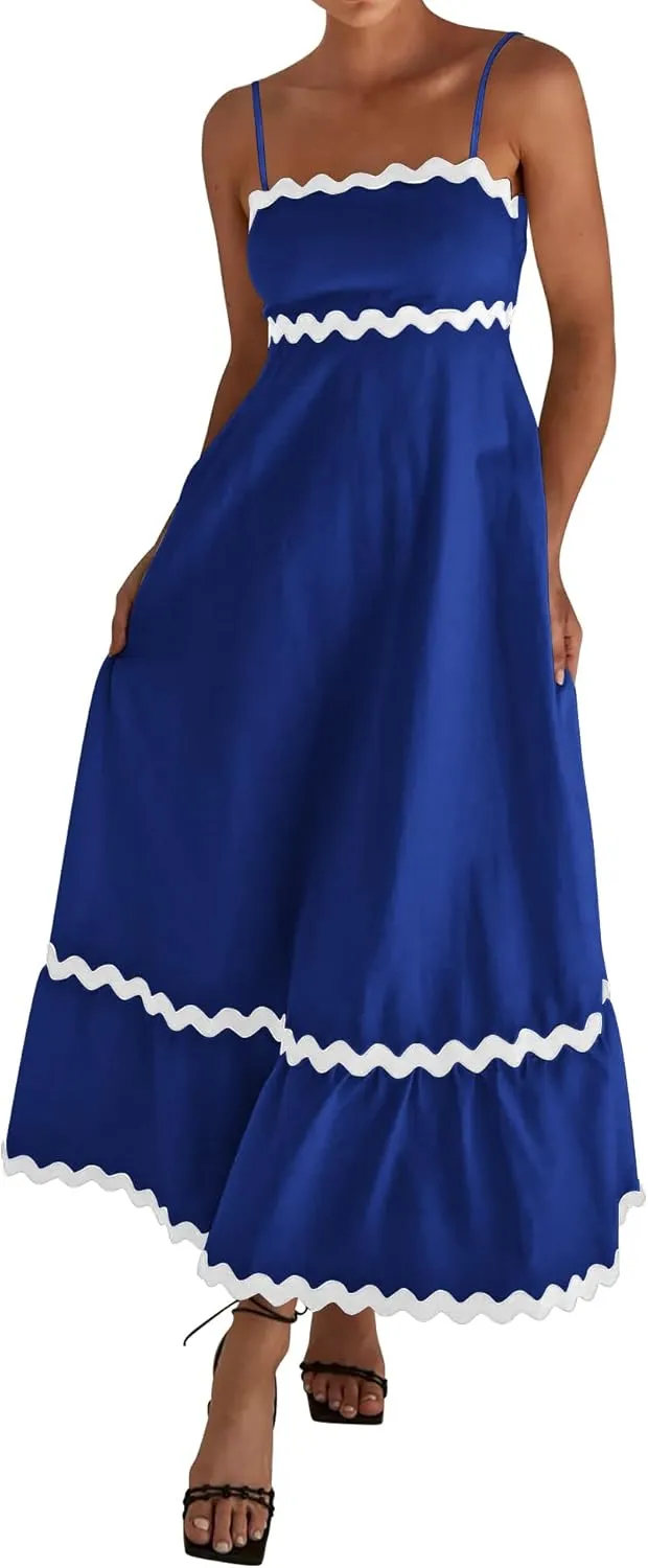 dowerme Women Summer Dresses 2025 Spaghetti Straps Sleeveless Smocked Rickrack Trim Boho Flowy Loose A-Line Midi Dress