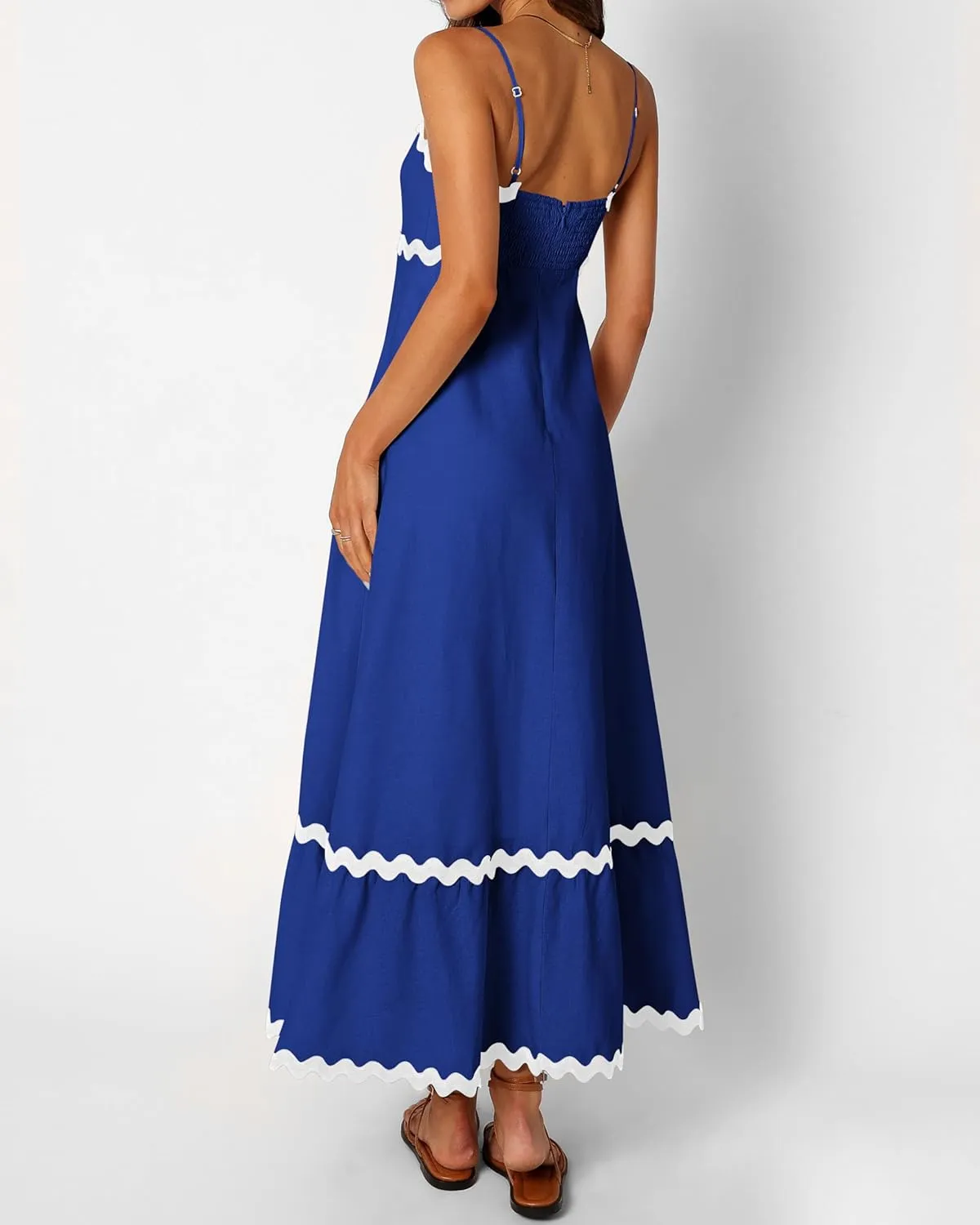 dowerme Women Summer Dresses 2025 Spaghetti Straps Sleeveless Smocked Rickrack Trim Boho Flowy Loose A-Line Midi Dress