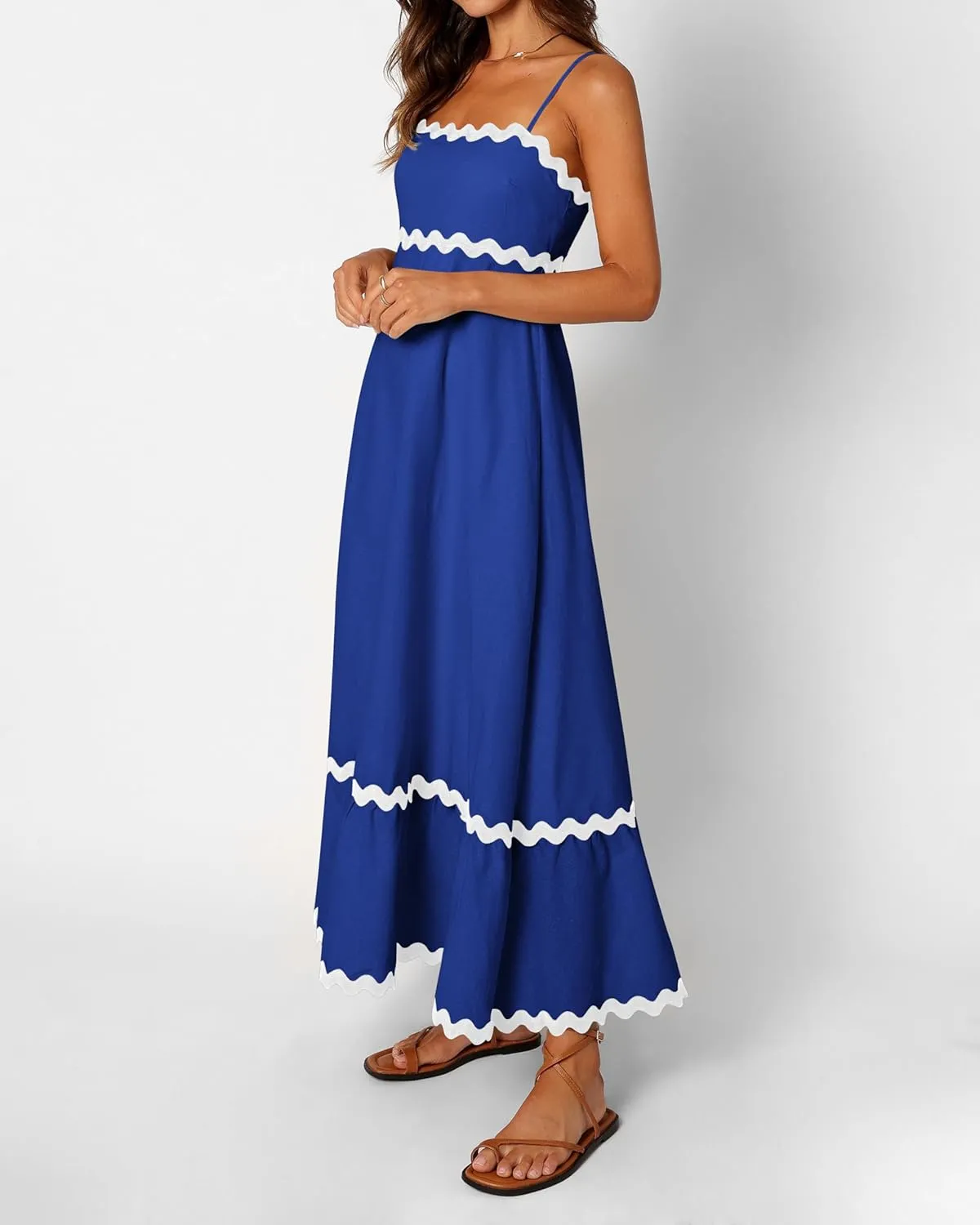 dowerme Women Summer Dresses 2025 Spaghetti Straps Sleeveless Smocked Rickrack Trim Boho Flowy Loose A-Line Midi Dress
