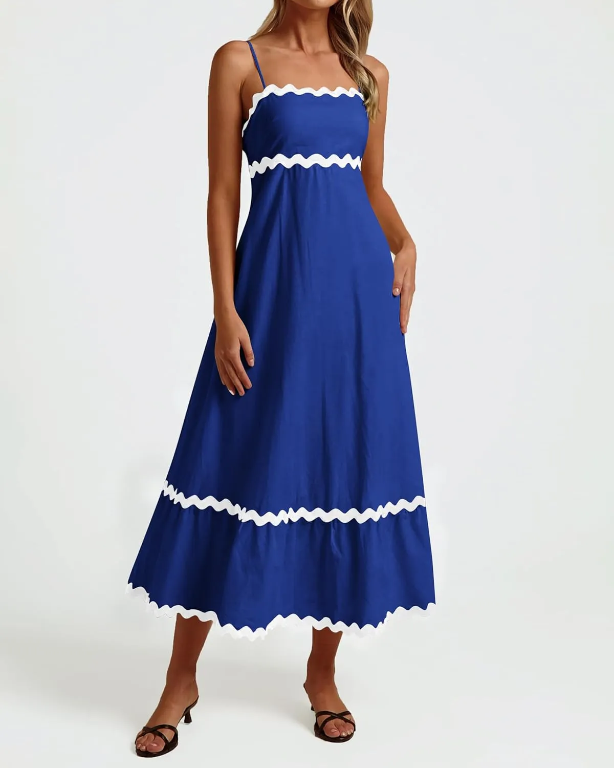 dowerme Women Summer Dresses 2025 Spaghetti Straps Sleeveless Smocked Rickrack Trim Boho Flowy Loose A-Line Midi Dress
