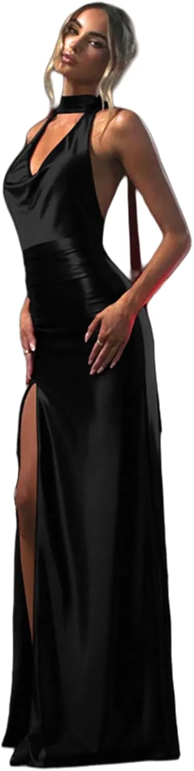 Dresses for Women Formal Cocktail Dress Maxi Sleeveless Sexy Satin Backless V Neck High Slip Long