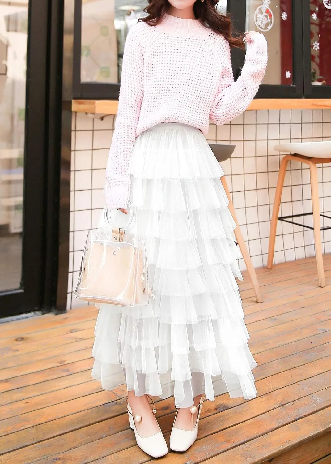 ebossy Women's Sweet Elastic Waist Tulle Layered Ruffles Mesh Long Tiered Skirt