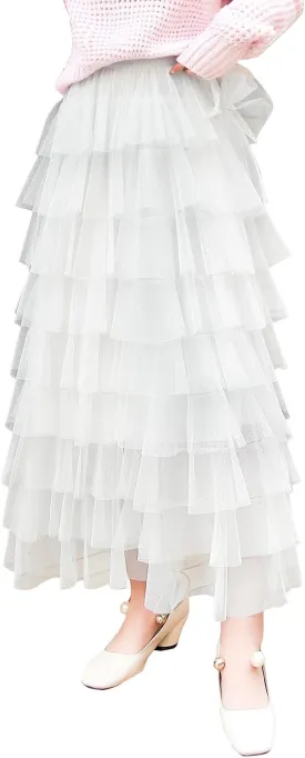ebossy Women's Sweet Elastic Waist Tulle Layered Ruffles Mesh Long Tiered Skirt