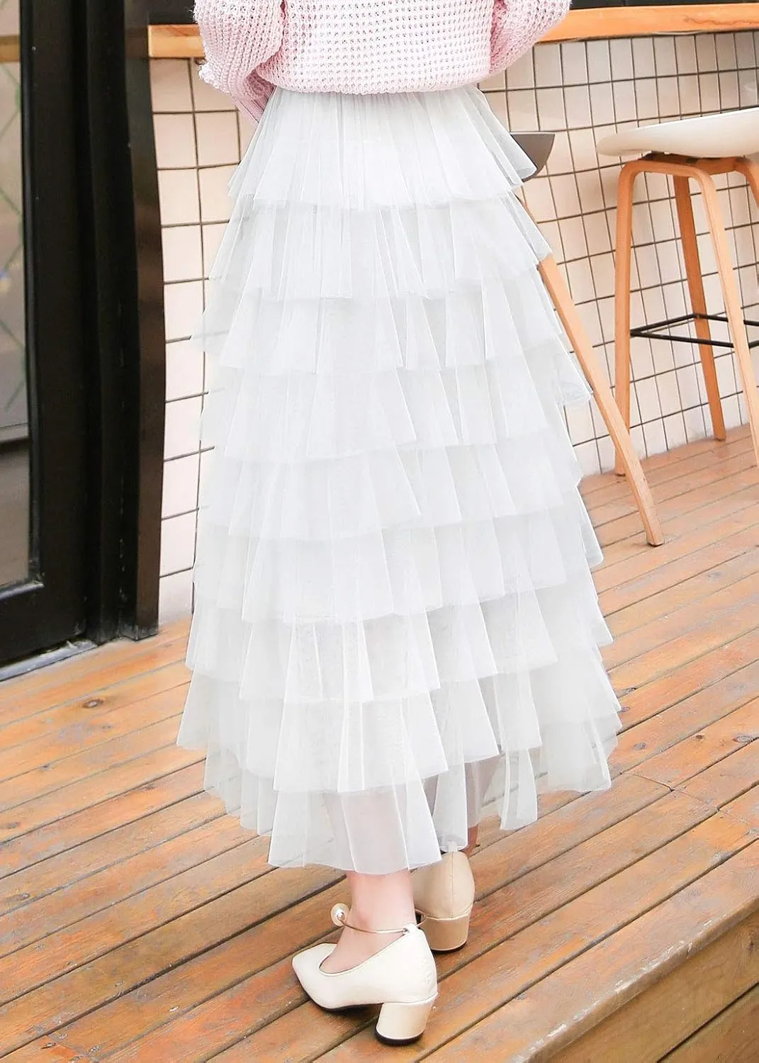 ebossy Women's Sweet Elastic Waist Tulle Layered Ruffles Mesh Long Tiered Skirt