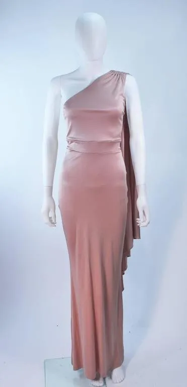 ELIZABETH MASON COUTURE Deep Blush One Shoulder Draped Gown
