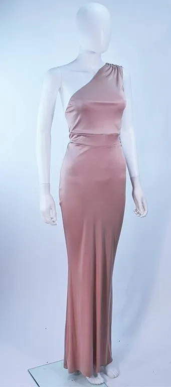ELIZABETH MASON COUTURE Deep Blush One Shoulder Draped Gown