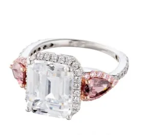 Emerald Cut Fancy Imitation Pink Diamond  Cubic Zirconia Accent Engagement Ring In Sterling Silver
