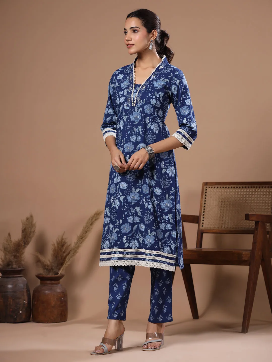 Ethnic Foil Printed & Sequin Embroidered Straight Kurta with Pant - Blue