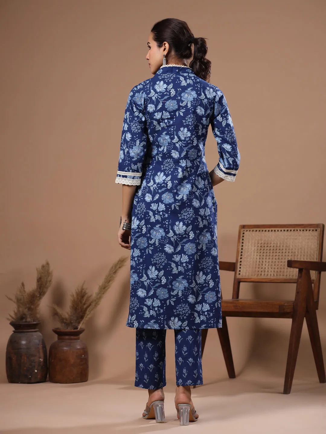 Ethnic Foil Printed & Sequin Embroidered Straight Kurta with Pant - Blue