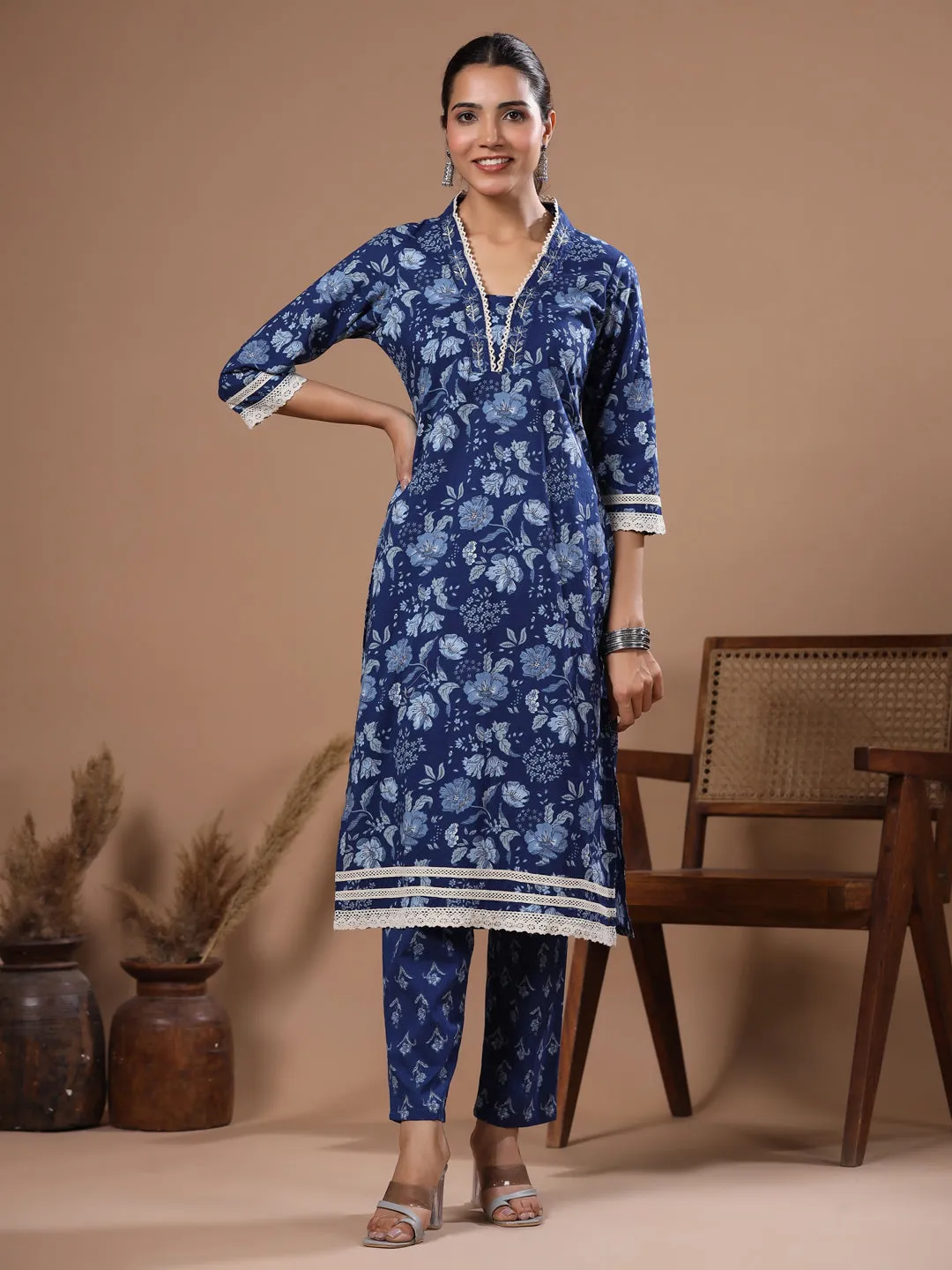 Ethnic Foil Printed & Sequin Embroidered Straight Kurta with Pant - Blue