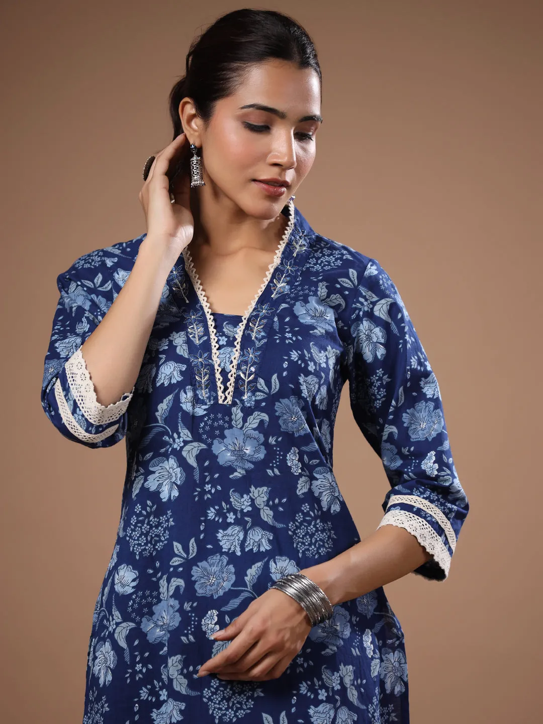 Ethnic Foil Printed & Sequin Embroidered Straight Kurta with Pant - Blue