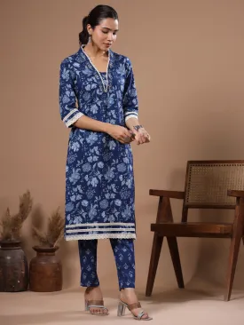 Ethnic Foil Printed & Sequin Embroidered Straight Kurta with Pant - Blue