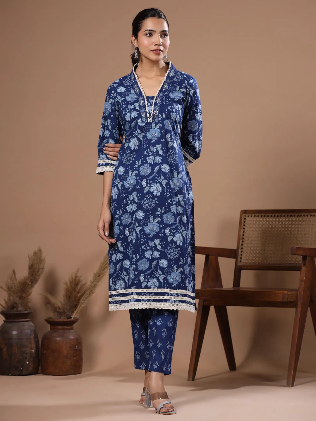 Ethnic Foil Printed & Sequin Embroidered Straight Kurta with Pant - Blue