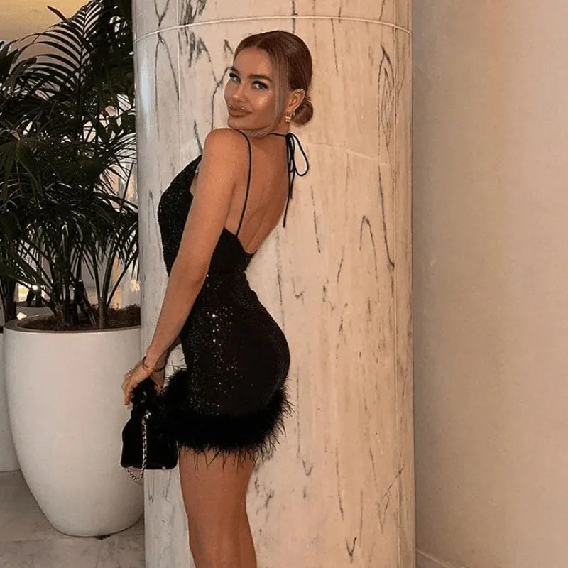 Glittering Sequin Feather Trim Tie Front Deep V Cami Backless Mini Party Dress