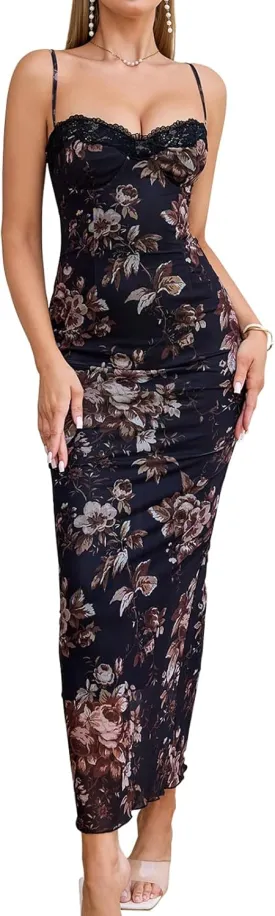 GLNEGE Women's Summer Floral Midi Wedding Guest Dress Spaghetti Strap Bodycon Party Dresses Lace Up Slit Casual Dresses