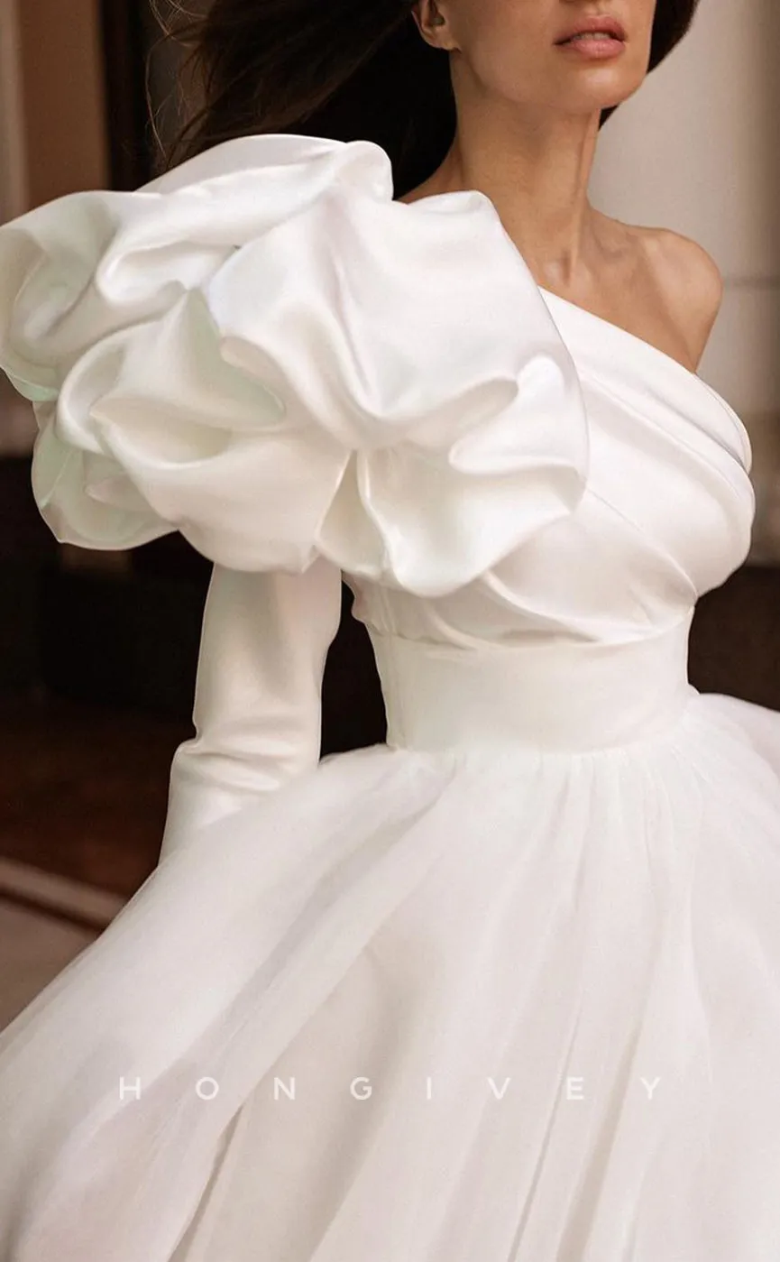 H1253 - Sexy A-Line Two Tone One Shoulder Long Sleeve Empire Floral Embossed With Train Wedding Dress