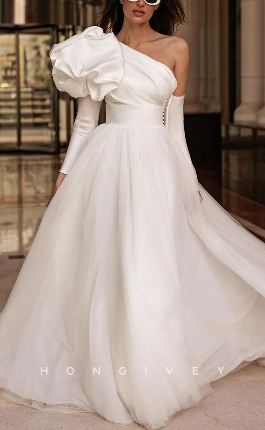 H1253 - Sexy A-Line Two Tone One Shoulder Long Sleeve Empire Floral Embossed With Train Wedding Dress