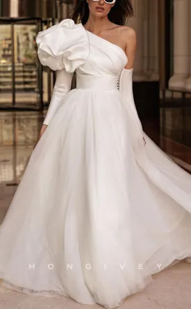 H1253 - Sexy A-Line Two Tone One Shoulder Long Sleeve Empire Floral Embossed With Train Wedding Dress