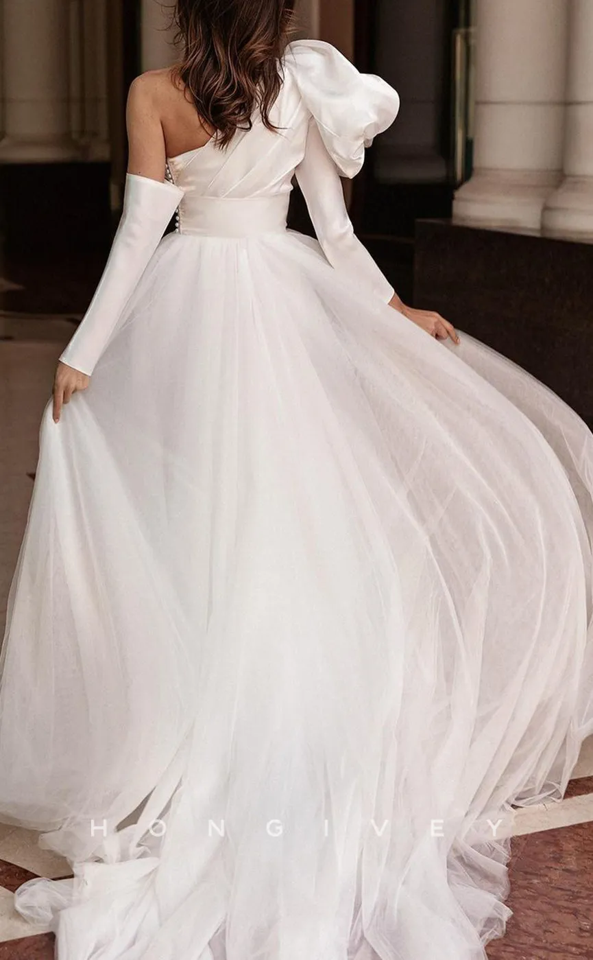 H1253 - Sexy A-Line Two Tone One Shoulder Long Sleeve Empire Floral Embossed With Train Wedding Dress