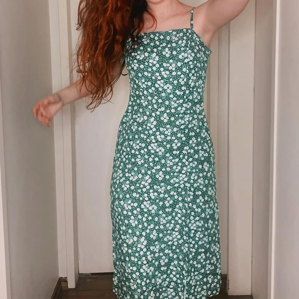 Hawaiian Ditsy Hibiscus Print Flowery Girl Midi Floral Garden Dress Side Slit