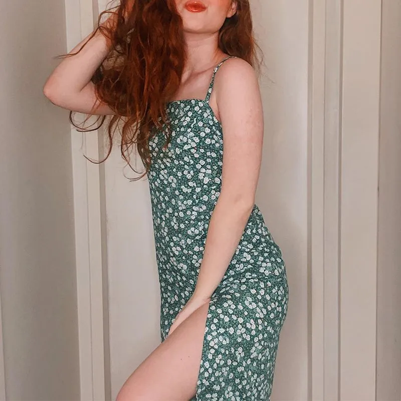 Hawaiian Ditsy Hibiscus Print Flowery Girl Midi Floral Garden Dress Side Slit