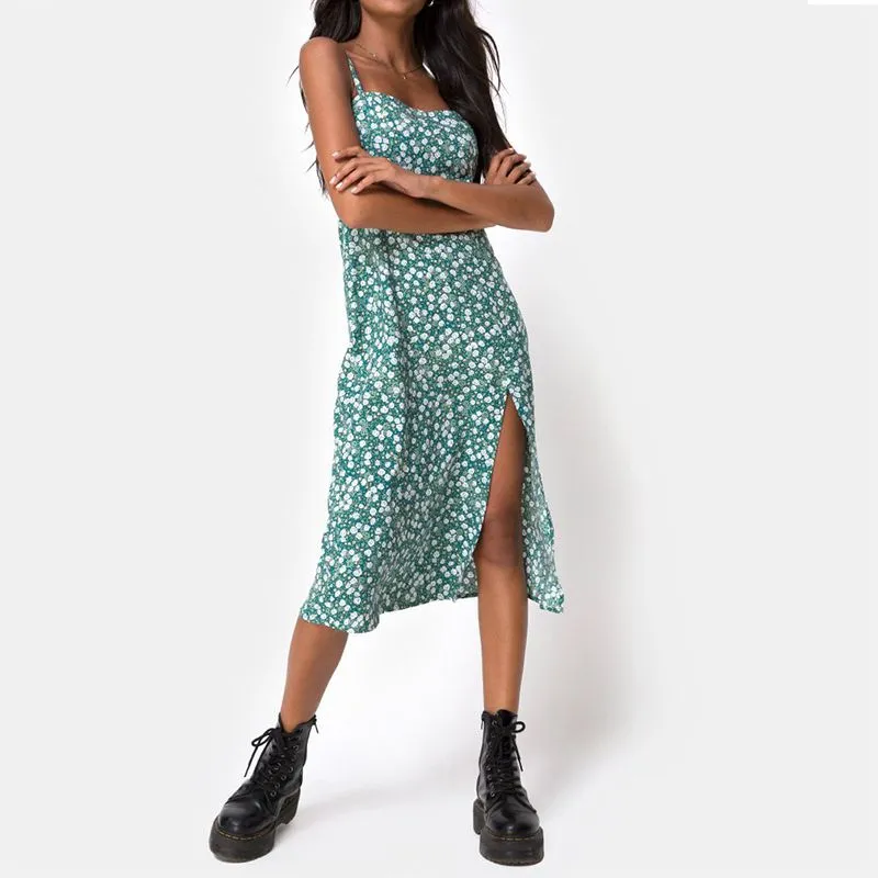 Hawaiian Ditsy Hibiscus Print Flowery Girl Midi Floral Garden Dress Side Slit