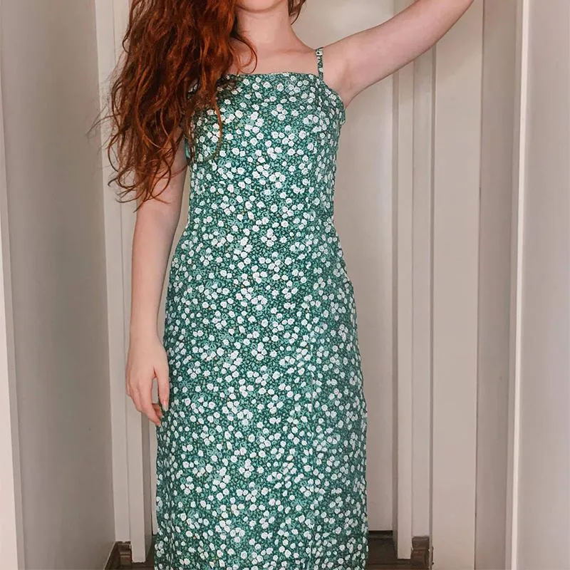 Hawaiian Ditsy Hibiscus Print Flowery Girl Midi Floral Garden Dress Side Slit